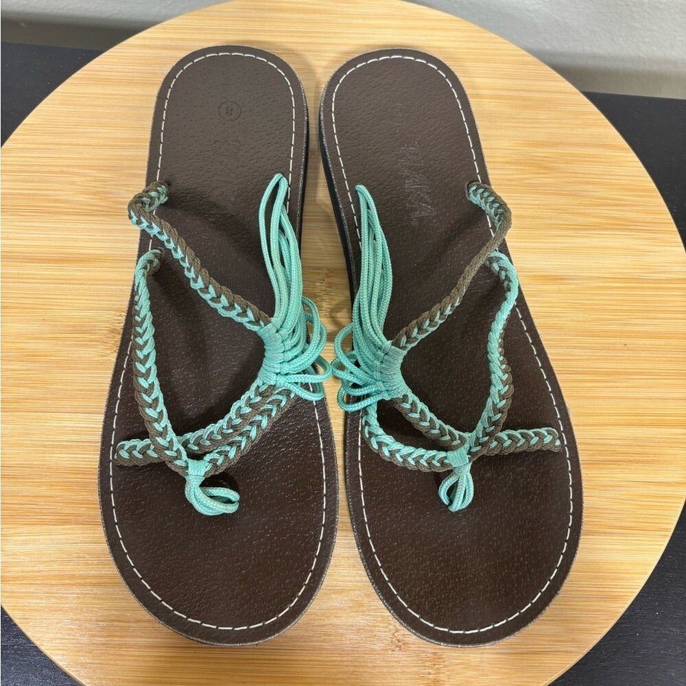 Plaka Oceanside Flat Sandals Size 8 Turquoise Brown Braided Rope Bohemian - Picture 2 of 8